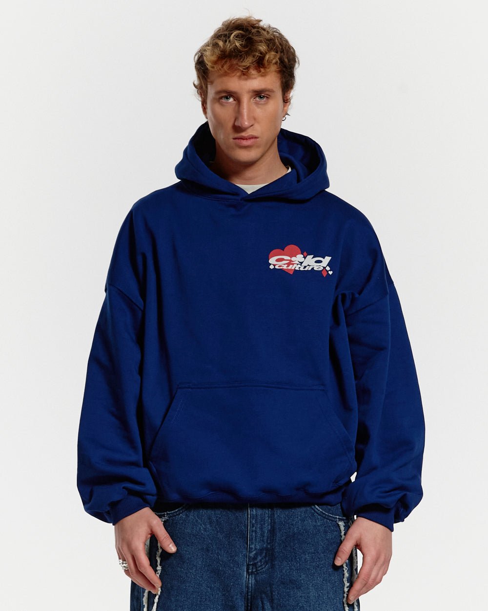 NAIPES HOODIE MIDDLE BLUE - royal blue graphic print hoodie, front view on male model - Cold Culture #man