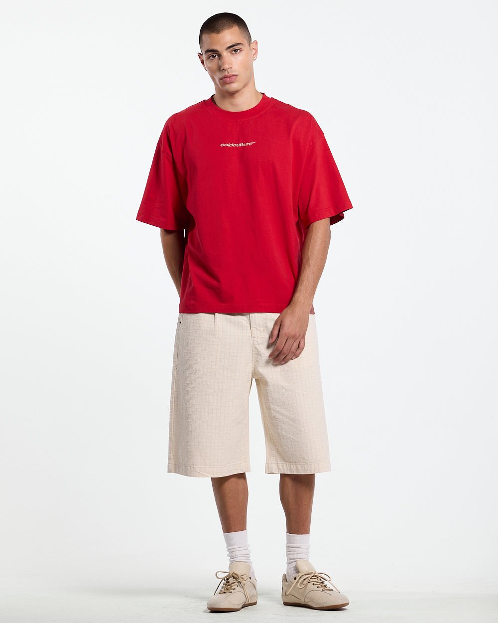 NEEDLE PUNCH SHORT WHITE - off-white textured shorts, front view on male model - Cold Culture #man