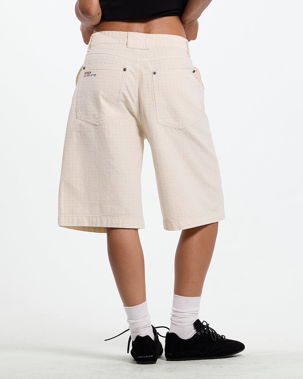 NEEDLE PUNCH SHORT WHITE - off-white textured shorts, back view on female model - Cold Culture #woman