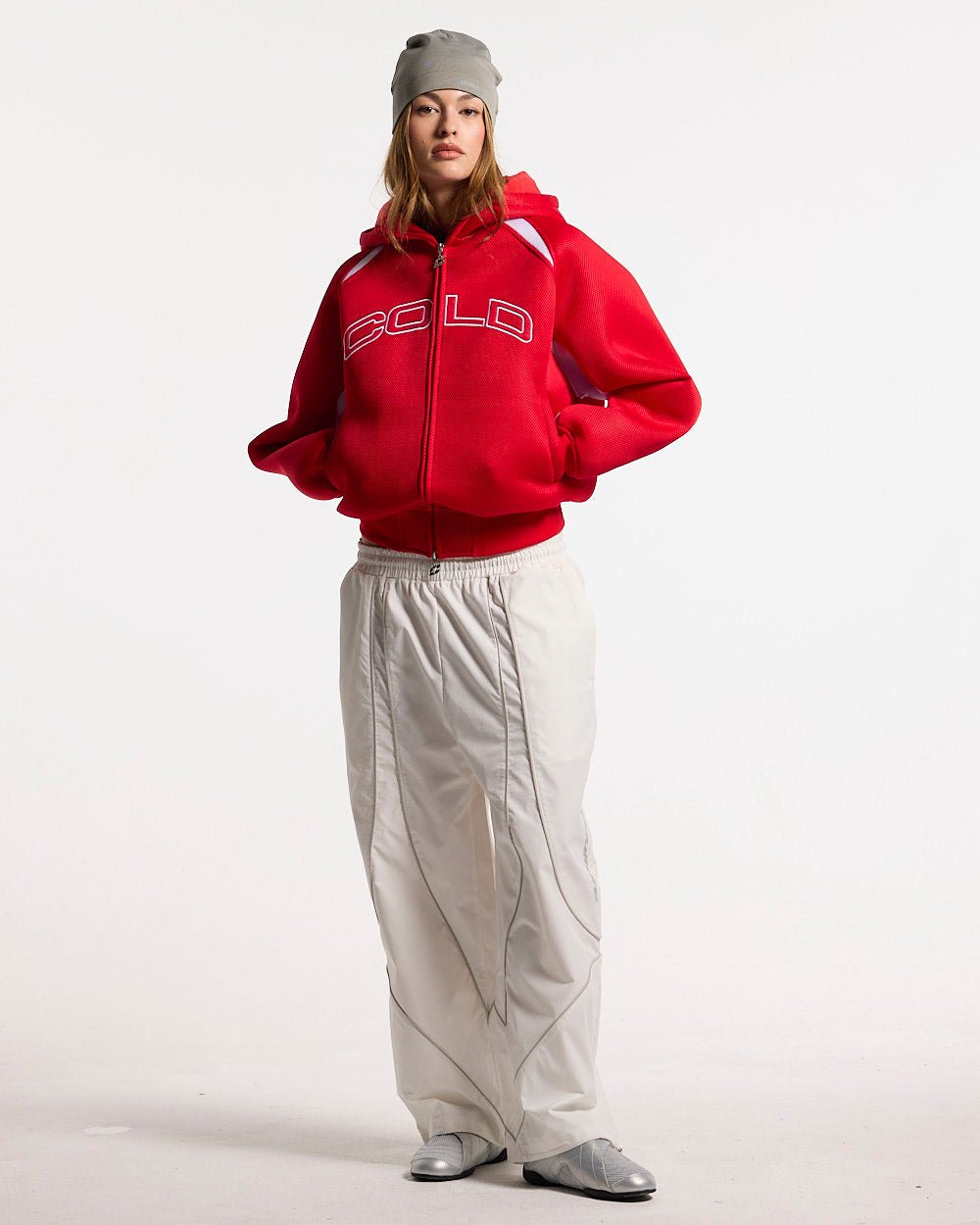 NEO ZIP JACKET WHITE & RED - red and white zip jacket, front view on female model - Cold Culture #woman
