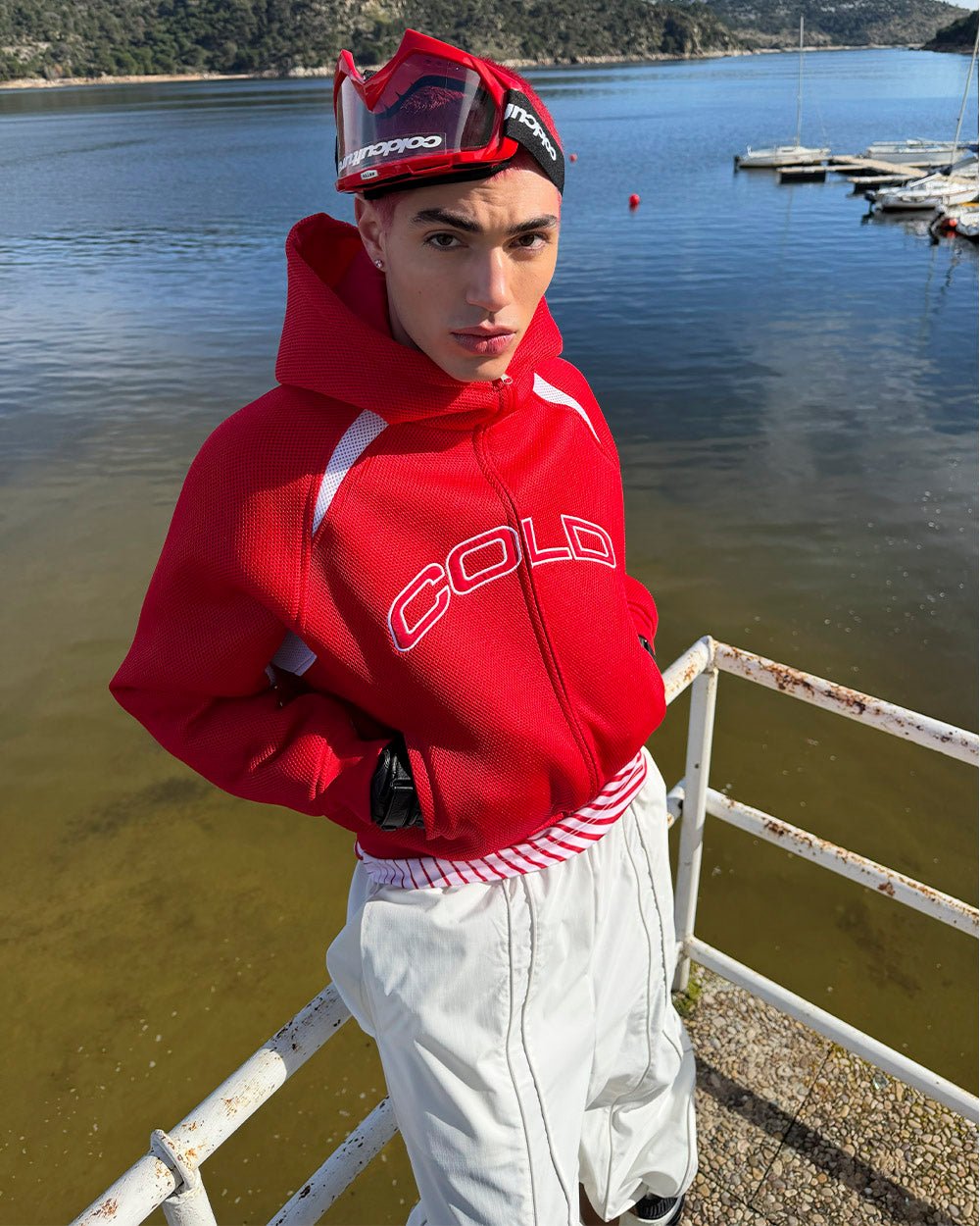 NEO ZIP JACKET WHITE & RED - red and white zip jacket, street style shot - Cold Culture