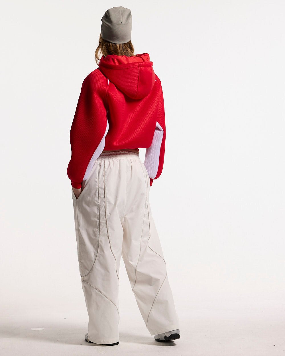 NEO ZIP JACKET WHITE & RED - red and white zip jacket, back view on female model - Cold Culture #woman