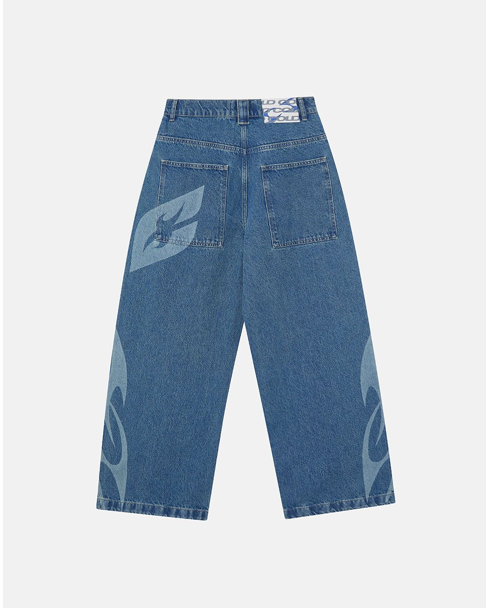 NEOTRIBAL V2 PANTS LIGHT BLUE DENIM - light blue tribal print denim pants, back view - Cold Culture #packshot