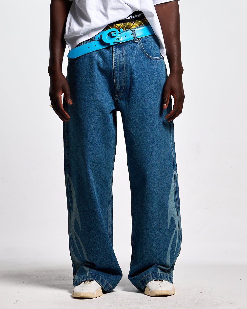 NEOTRIBAL V2 PANTS LIGHT BLUE DENIM - light blue tribal print denim pants, front view on male model - Cold Culture