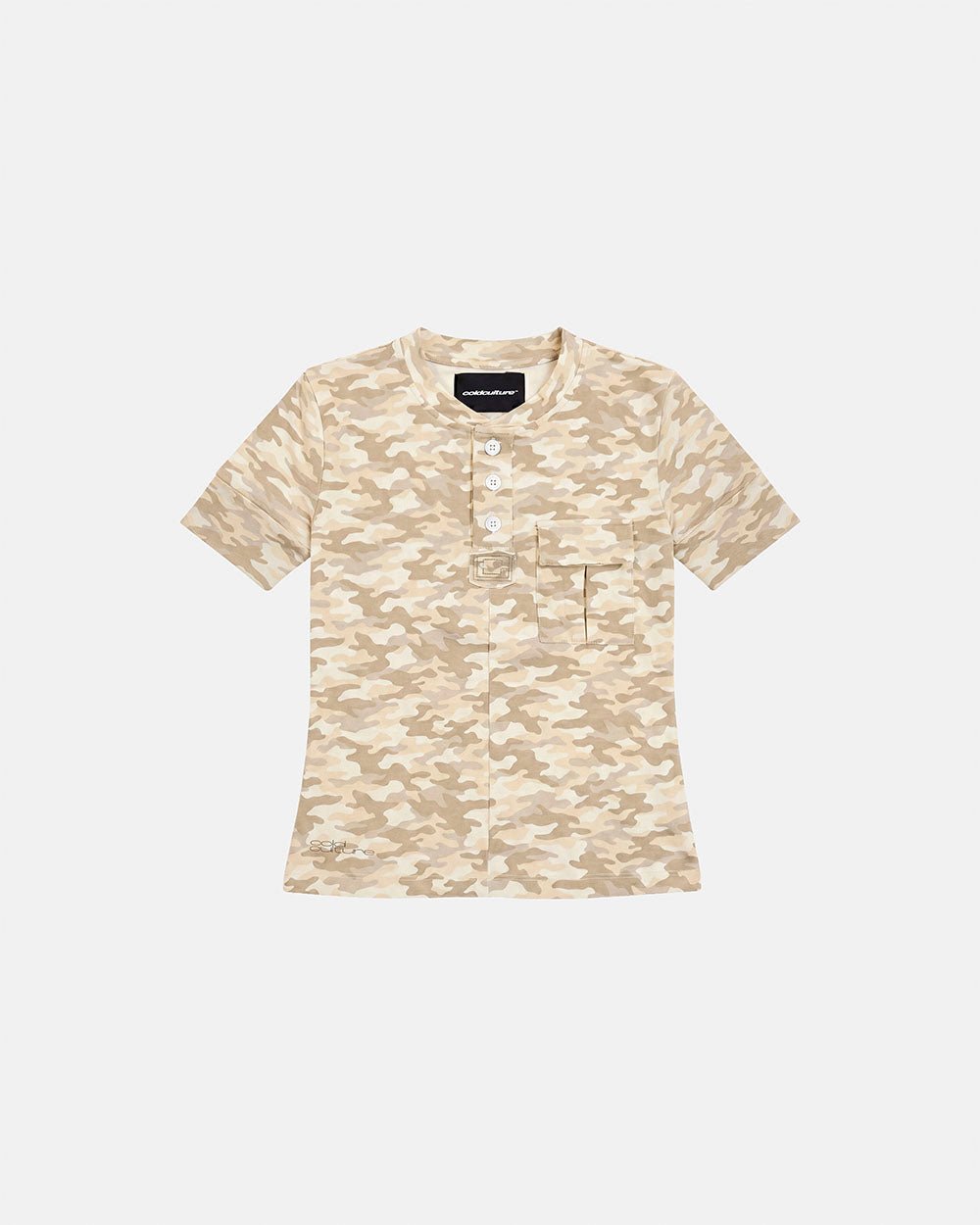 NEUTRAL FIELD BABY TEE CAMO - beige camo baby tee, front view - Cold Culture #packshot