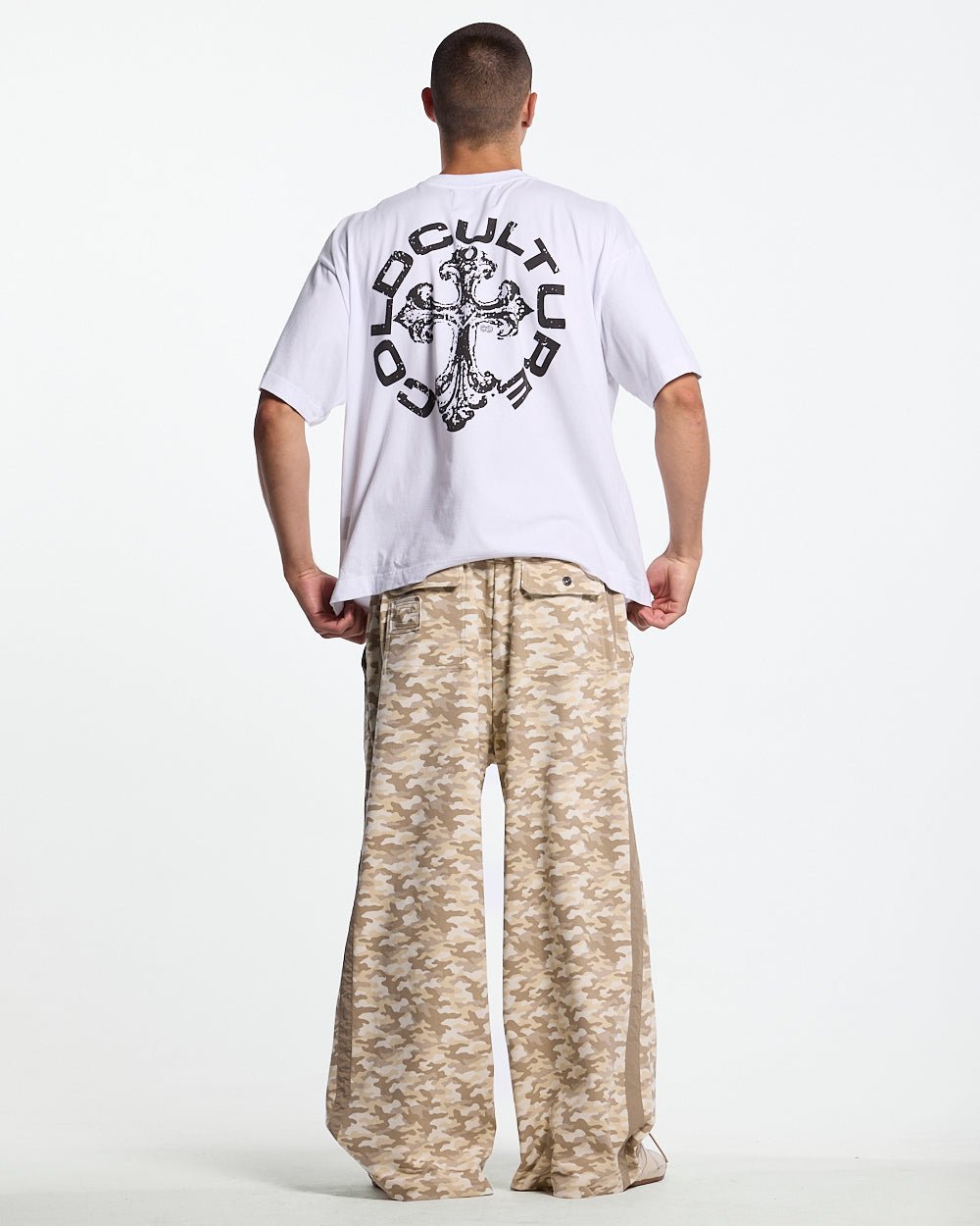 NEUTRAL FIELD SWEATPANTS CAMO - beige camo sweatpants, back view on male model - Cold Culture #man