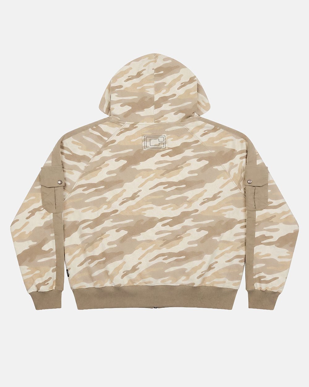 NEUTRAL FIELD ZIP HOODIE CAMO - beige camo zip-up hoodie, back view - Cold Culture #packshot
