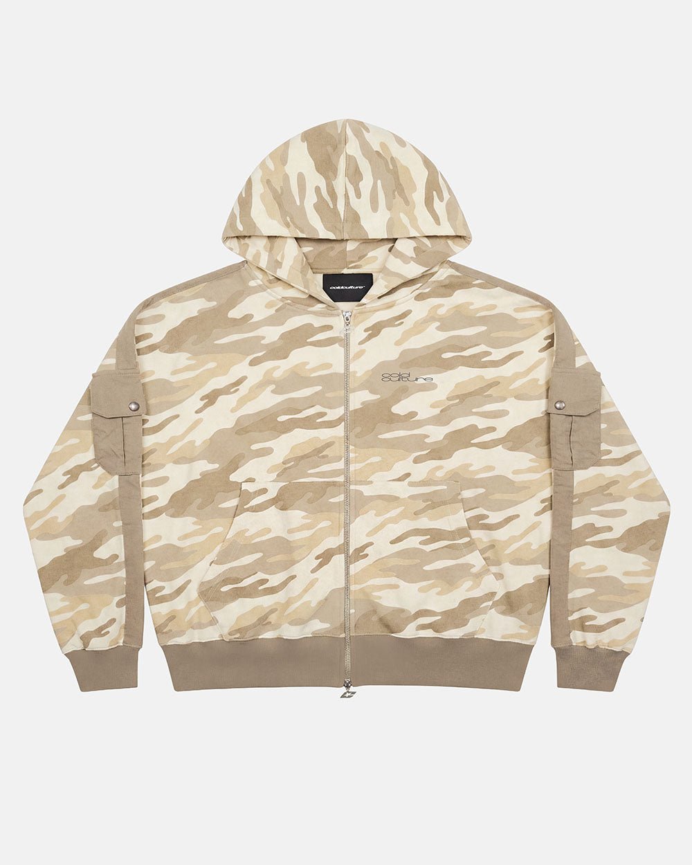 NEUTRAL FIELD ZIP HOODIE CAMO - beige camo zip-up hoodie, front view - Cold Culture #packshot