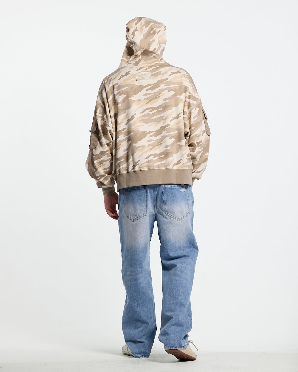 NEUTRAL FIELD ZIP HOODIE CAMO - beige camo zip-up hoodie, back view on male model - Cold Culture #man