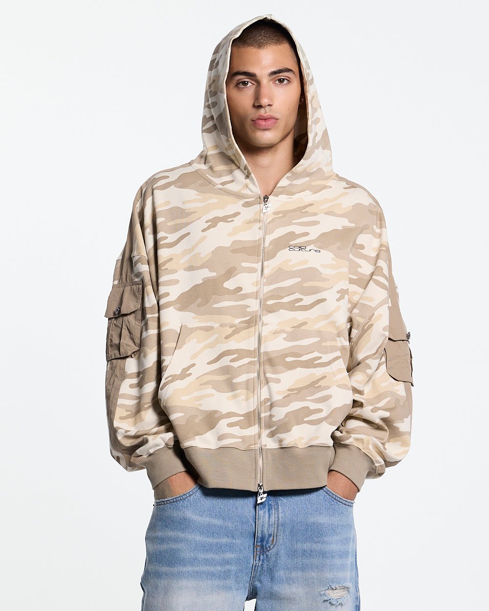 NEUTRAL FIELD ZIP HOODIE CAMO - beige camo zip-up hoodie, front view on male model - Cold Culture #man