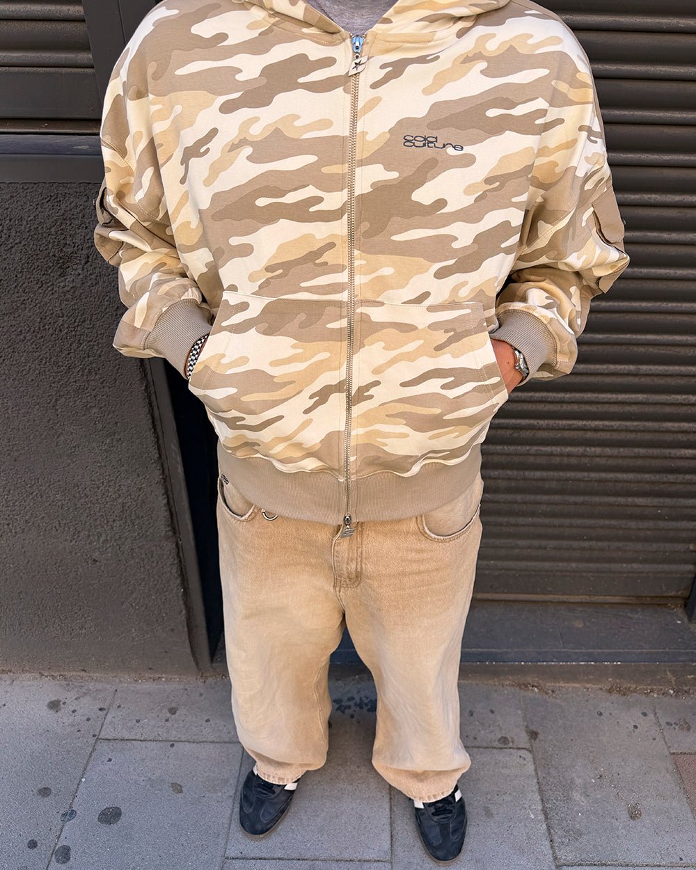 NEUTRAL FIELD ZIP HOODIE CAMO - beige camo zip-up hoodie, street style shot - Cold Culture