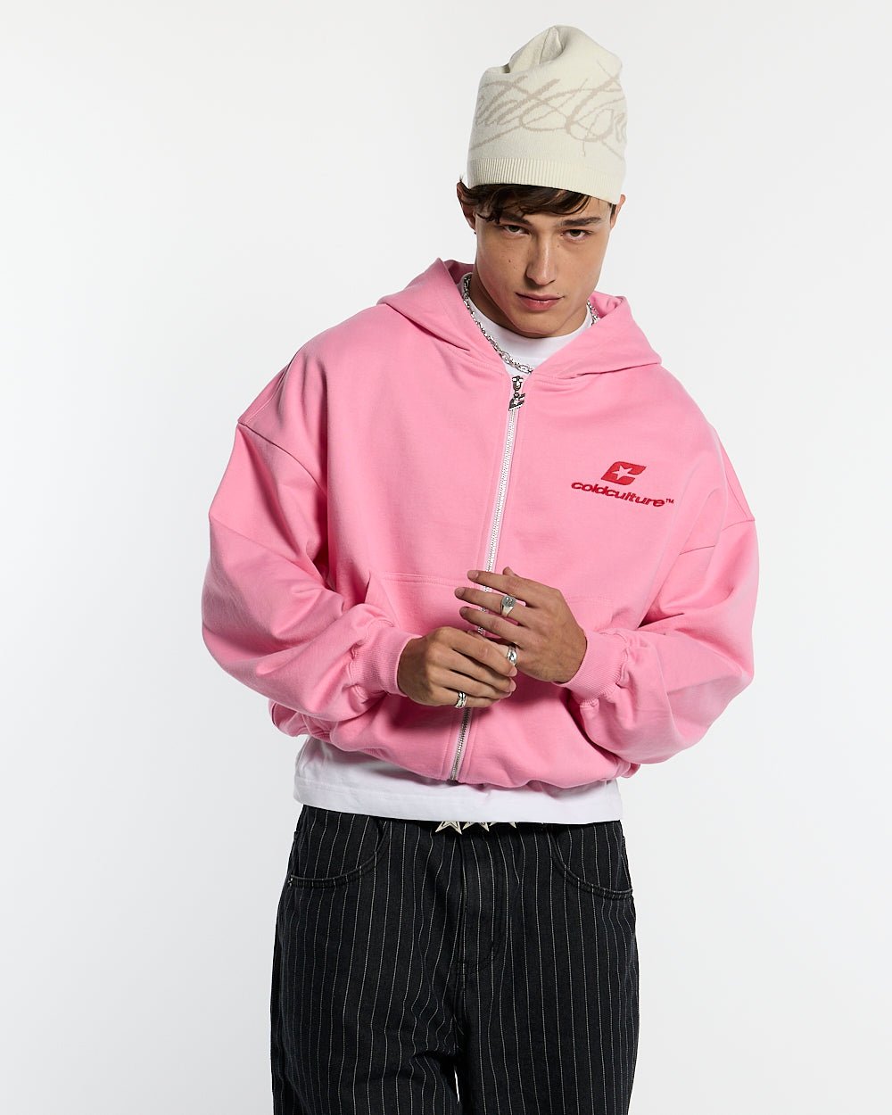 NEW CURVED ZIP HOODIE PINK & RED - COLD CULTURE #man