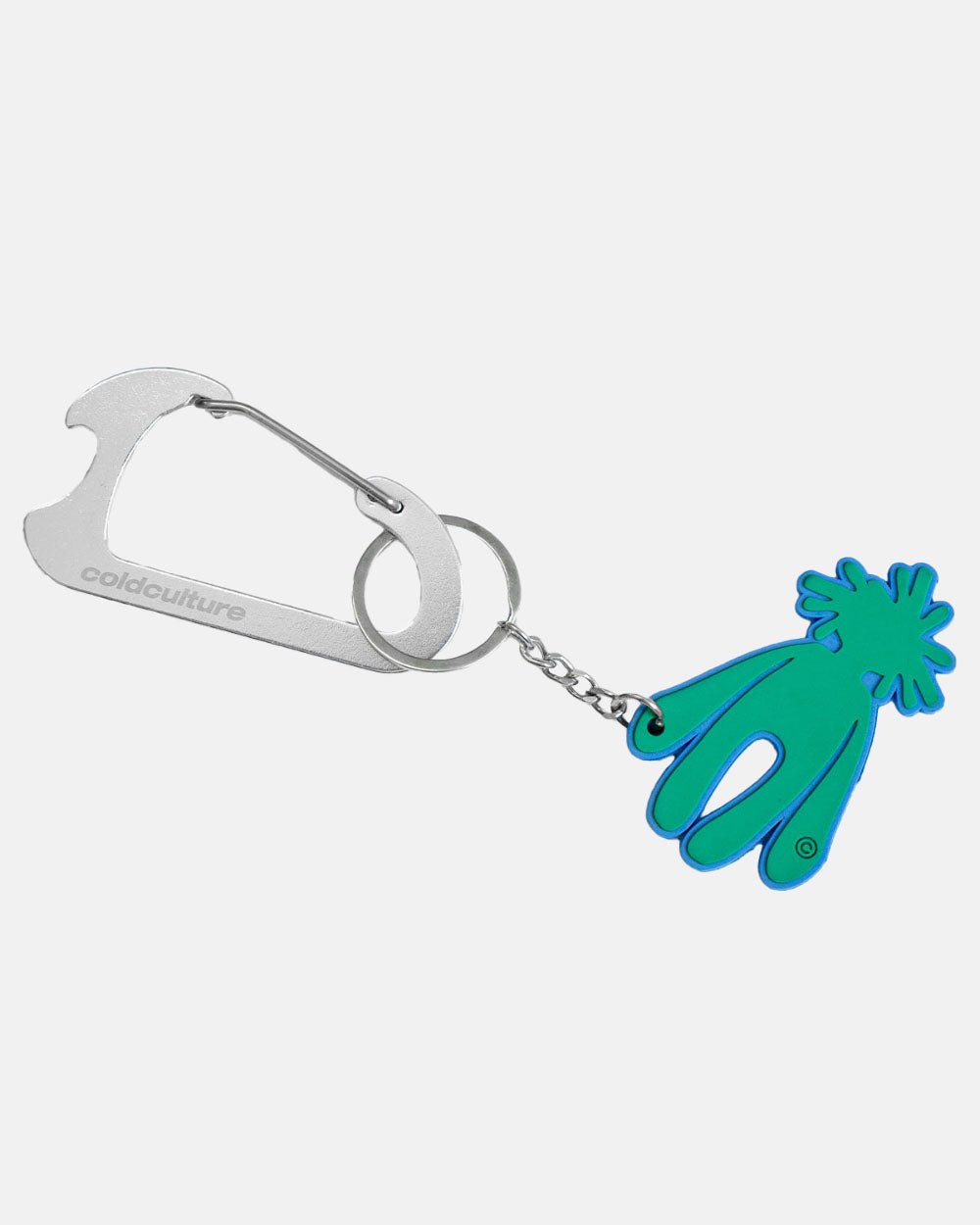NEW IN TOWN KEYCHAIN - silver carabiner keychain, front view - Cold Culture #packshot