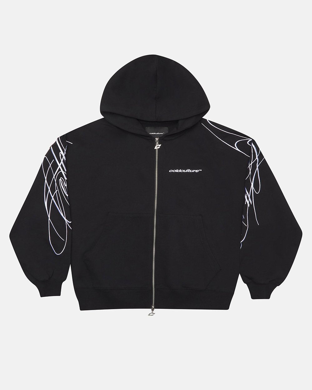 NEW SCRIPT ZIP HOODIE BLACK - black embroidered zip-up hoodie, front view - Cold Culture #packshot