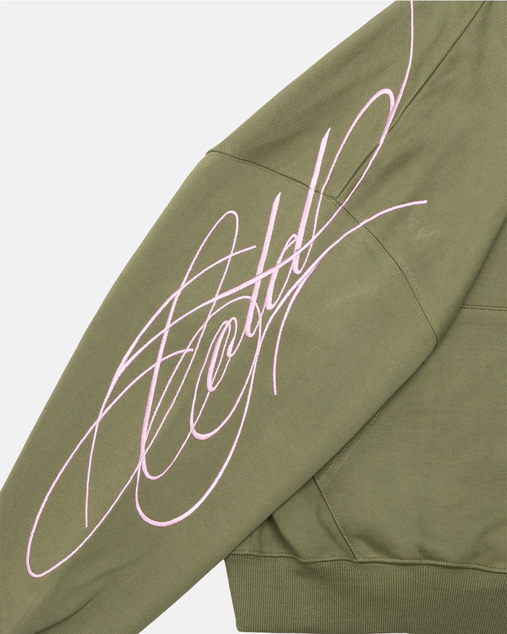 NEW SCRIPT ZIP HOODIE GREEN & PINK - olive green zip-up hoodie, detail close-up - Cold Culture