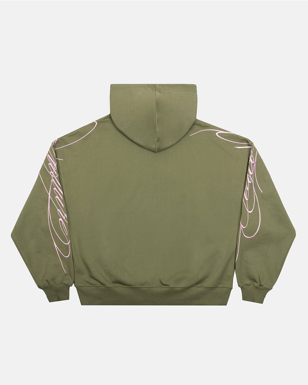 NEW SCRIPT ZIP HOODIE GREEN & PINK - olive green zip-up hoodie, back view - Cold Culture #packshot