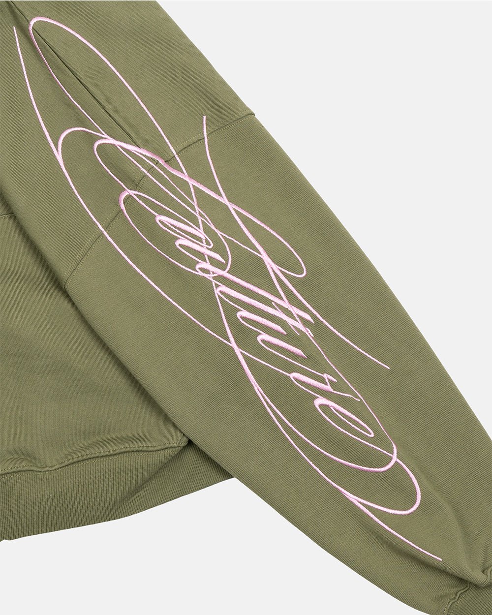 NEW SCRIPT ZIP HOODIE GREEN & PINK - olive green zip-up hoodie, detail close-up - Cold Culture