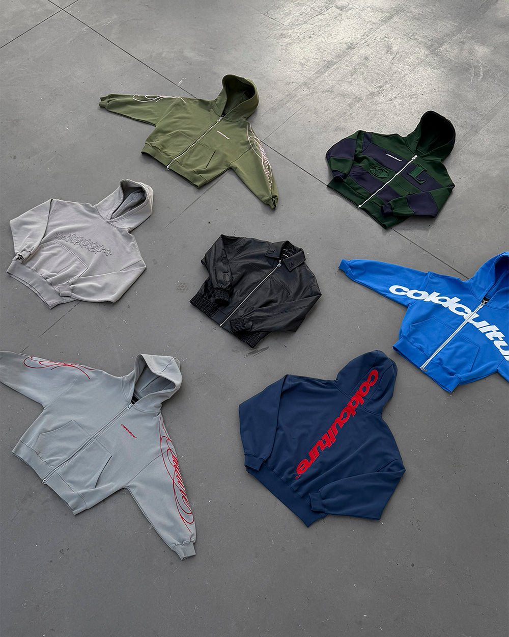 NEW SCRIPT ZIP HOODIE GREEN & PINK - olive green zip-up hoodie, flat lay with matching pieces - Cold Culture
