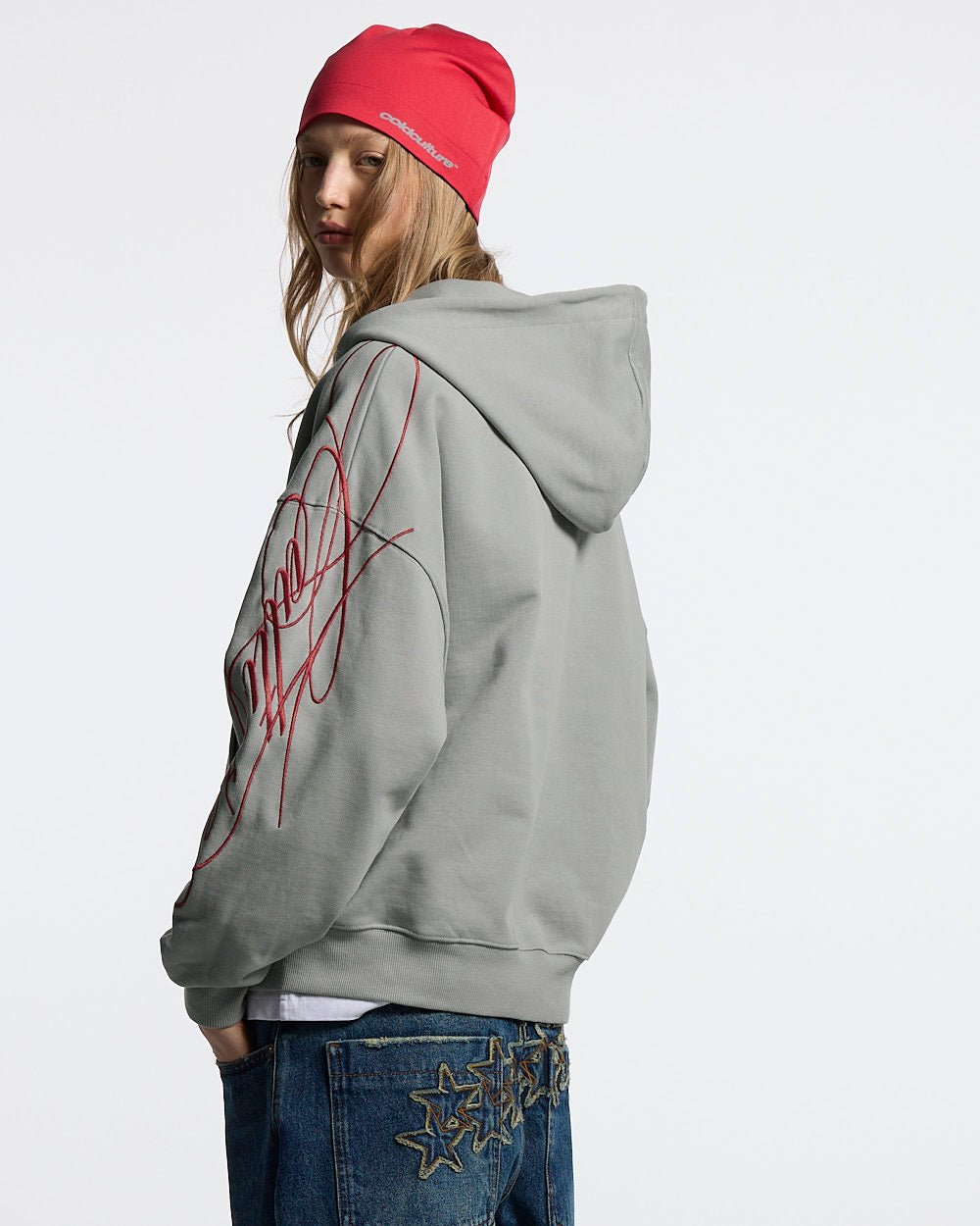 NEW SCRIPT ZIP HOODIE GREY & RED - grey zip-up hoodie, side view - Cold Culture #woman