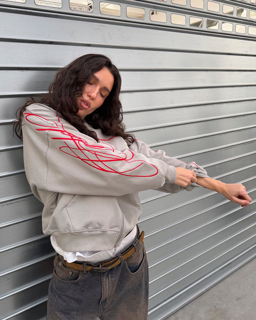 NEW SCRIPT ZIP HOODIE GREY & RED - grey zip-up hoodie, street style shot - Cold Culture #woman