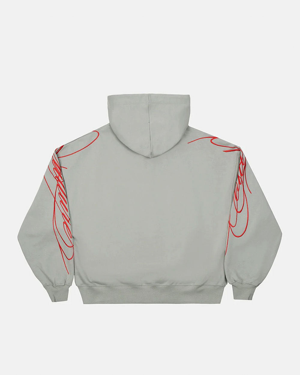 NEW SCRIPT ZIP HOODIE GREY & RED - grey zip-up hoodie, back view - Cold Culture #packshot