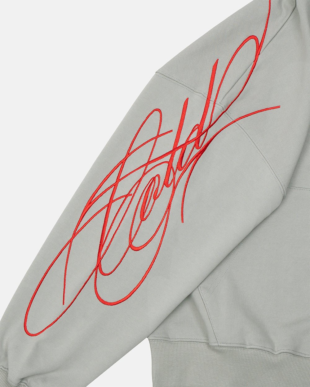 NEW SCRIPT ZIP HOODIE GREY & RED - grey zip-up hoodie, detail close-up - Cold Culture