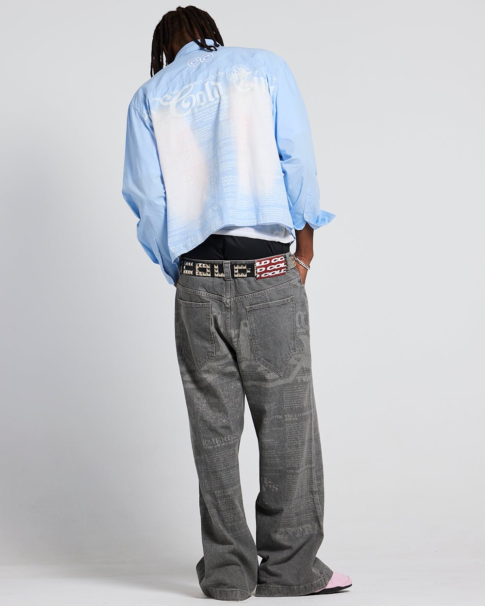 NEWSPAPER LONGSLEEVE SHIRT BABY BLUE - baby blue newspaper print shirt, back view on male model - Cold Culture #man