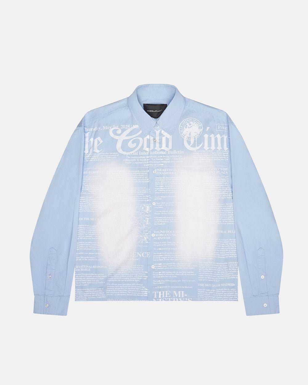 NEWSPAPER LONGSLEEVE SHIRT BABY BLUE - baby blue newspaper print shirt, front view - Cold Culture #packshot