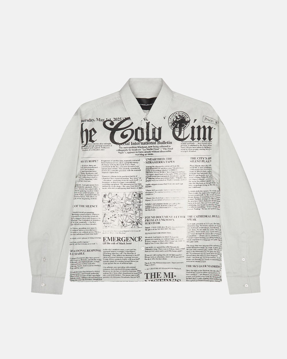 NEWSPAPER LONGSLEEVE SHIRT WHITE - white newspaper print shirt, front view - Cold Culture #packshot
