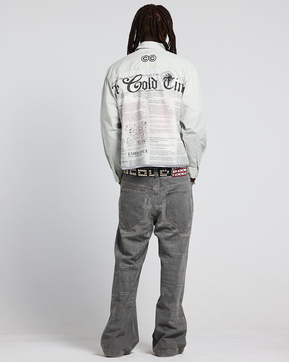 NEWSPAPER LONGSLEEVE SHIRT WHITE - white newspaper print shirt, back view on male model - Cold Culture #man