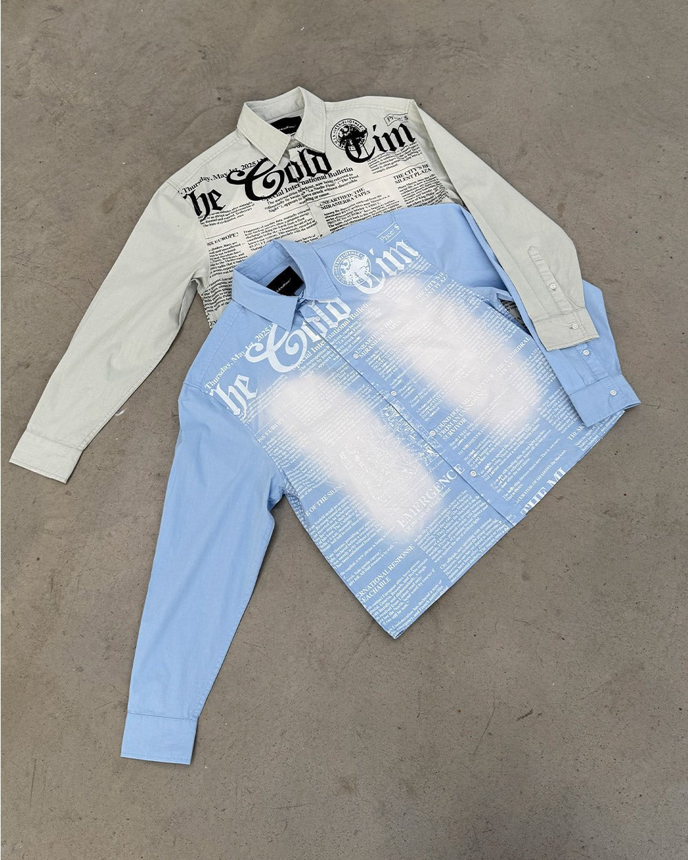 NEWSPAPER LONGSLEEVE SHIRT WHITE - white newspaper print shirt, flat lay - Cold Culture
