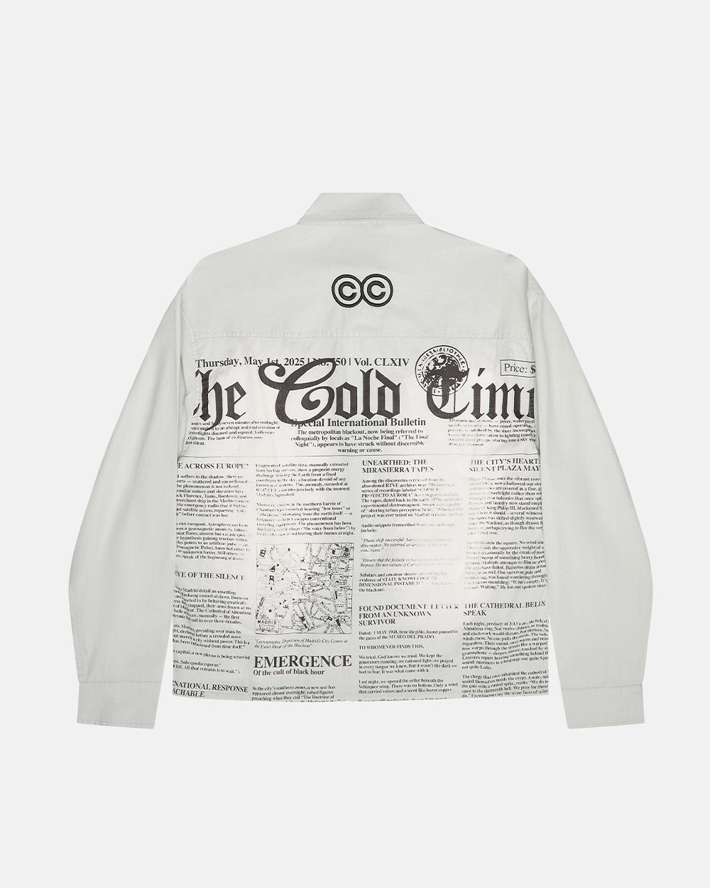 NEWSPAPER LONGSLEEVE SHIRT WHITE - white newspaper print shirt, back view - Cold Culture #packshot