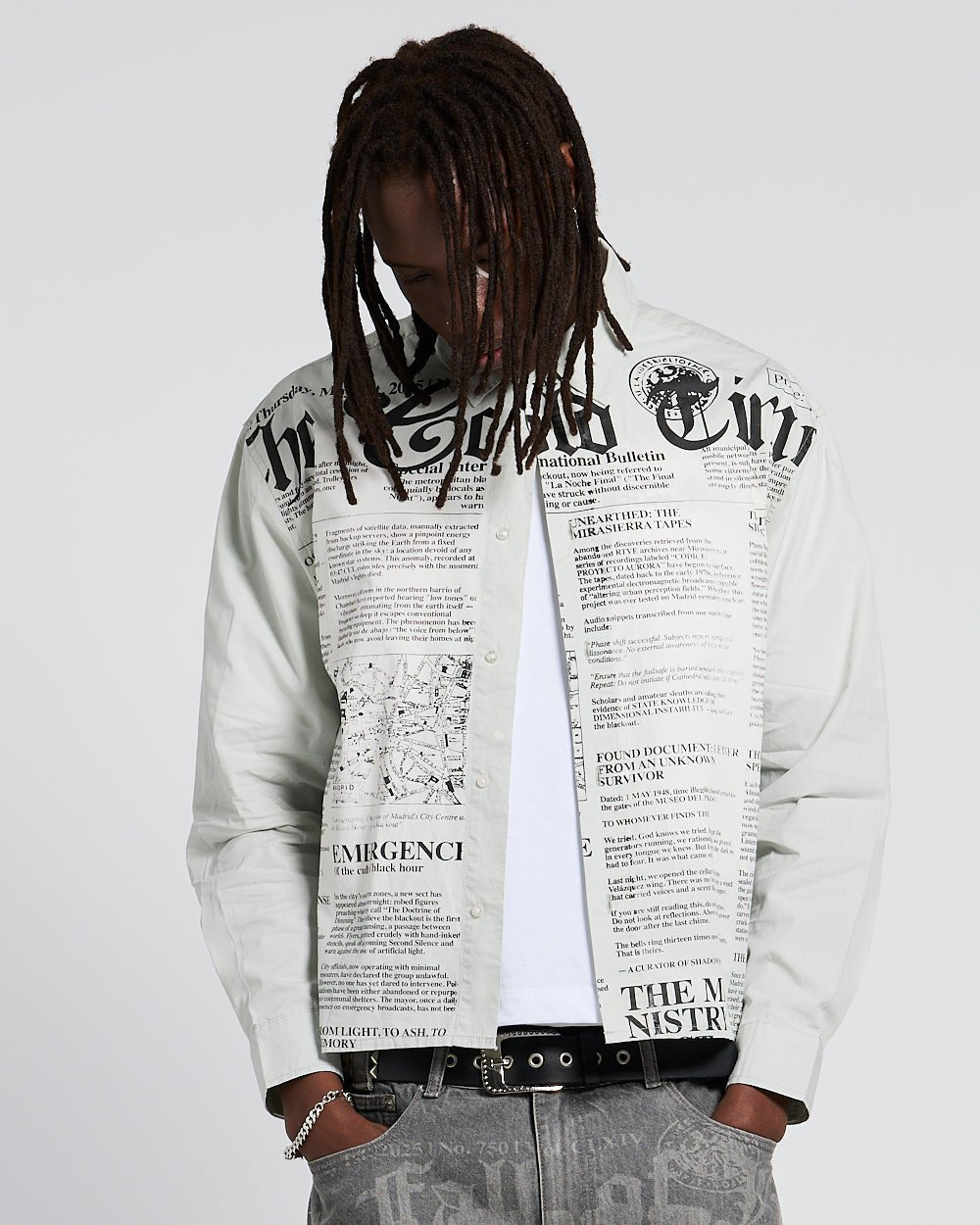 NEWSPAPER LONGSLEEVE SHIRT WHITE - white newspaper print shirt, front view on male model - Cold Culture #man