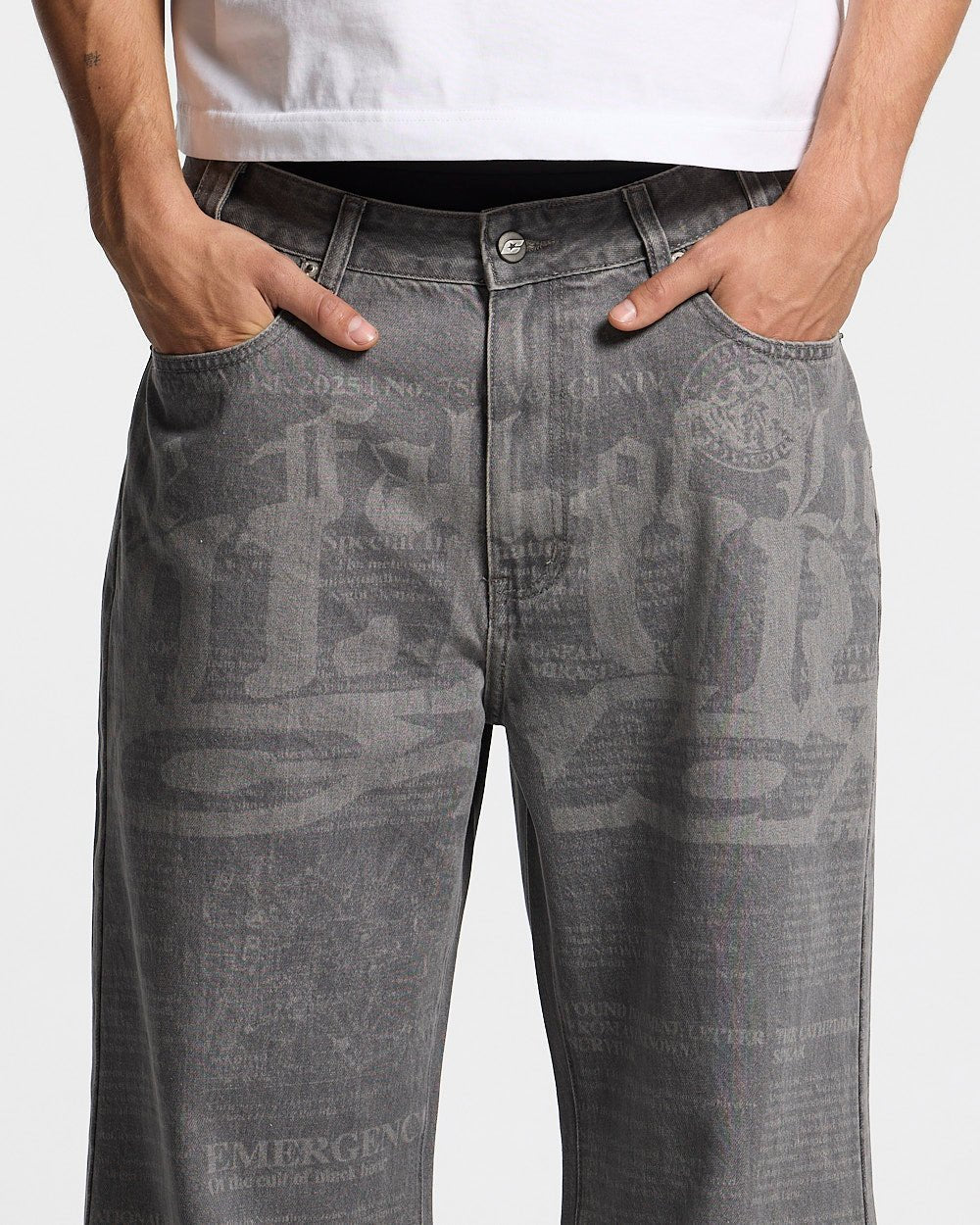 NEWSPAPER V3 PANTS  GREY - grey graphic print pants, front view on female model - Cold Culture