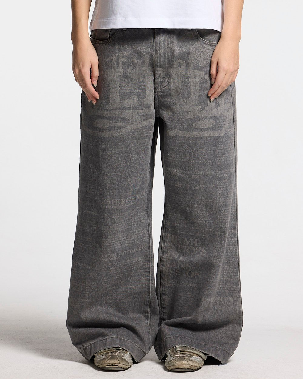 NEWSPAPER V3 PANTS  GREY - grey graphic print pants, back view on male model - Cold Culture