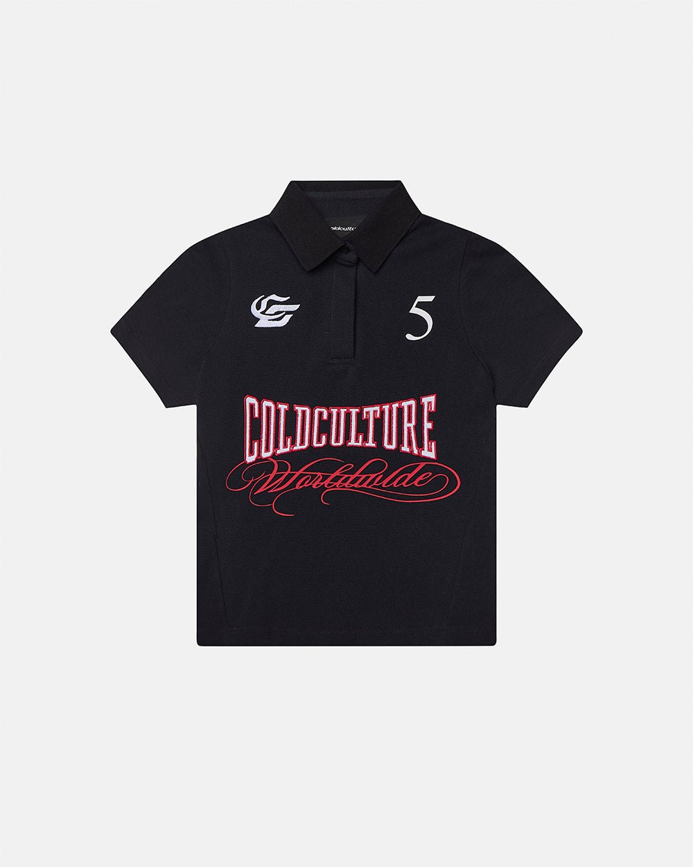 NIA SET POLO BLACK - black graphic print polo shirt, front view - Cold Culture #packshot