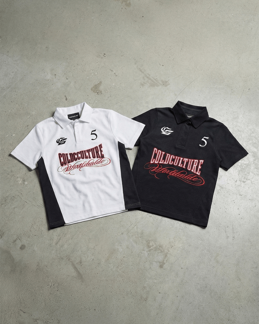 NIA SET POLO BLACK - black graphic print polo shirt, flat lay with matching pieces - Cold Culture