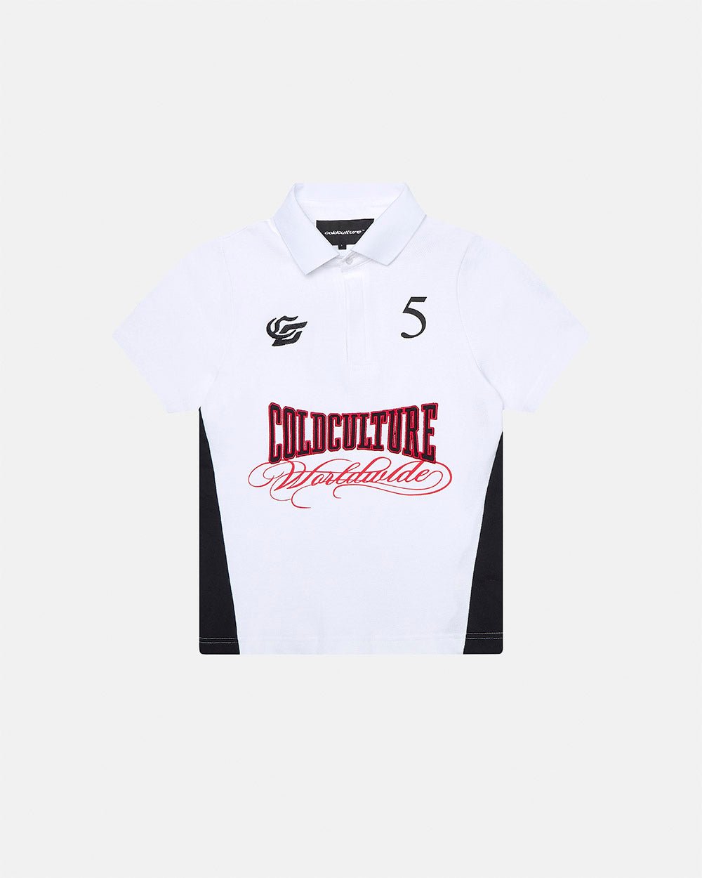 NIA SET POLO WHITE & BLACK - white and black polo shirt, front view - Cold Culture #packshot
