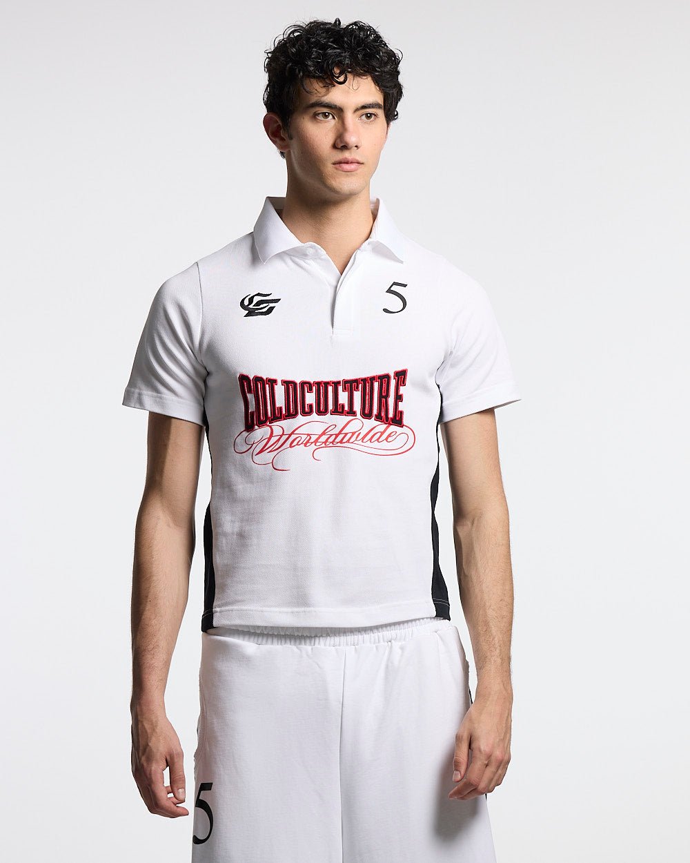 NIA SET POLO WHITE & BLACK - white and black polo shirt, front view on male model - Cold Culture #man