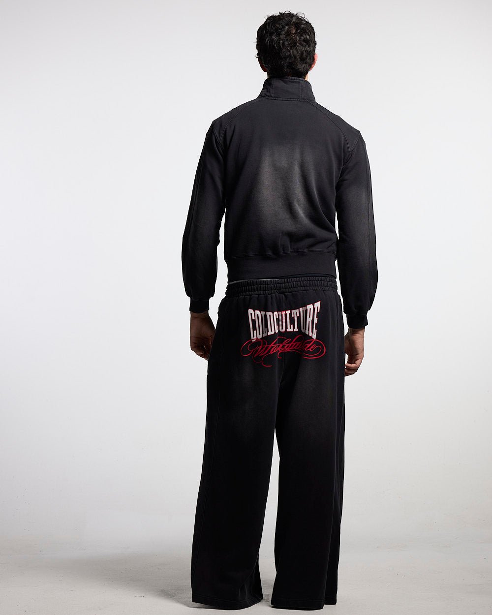 NIA SET SWEATPANTS BLACK - black wide-leg sweatpants, back view on male model - Cold Culture #man