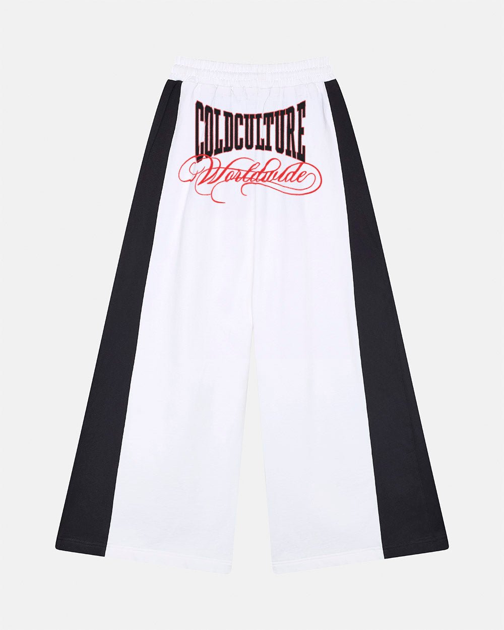 NIA SET SWEATPANTS WHITE & BLACK - white and black wide-leg sweatpants, back view - Cold Culture #packshot