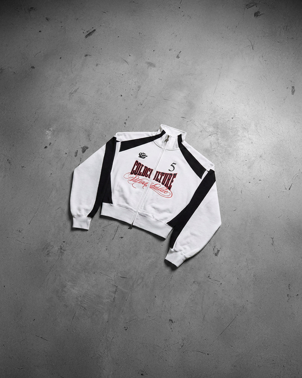 NIA SET ZIP UP WHITE & BLACK - white and black zip-up hoodie, flat lay - Cold Culture