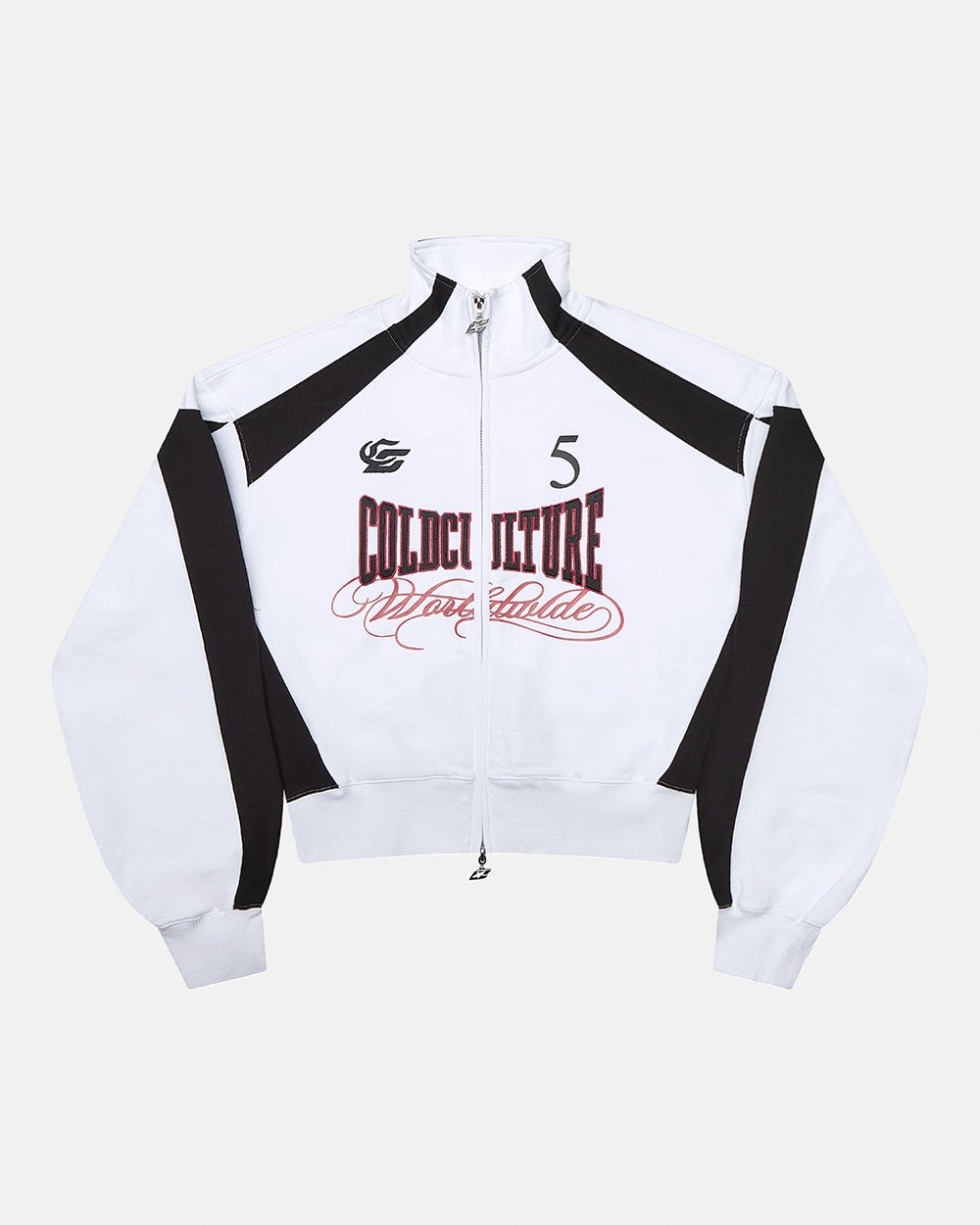 NIA SET ZIP UP WHITE & BLACK - white and black zip-up hoodie, front view - Cold Culture #packshot