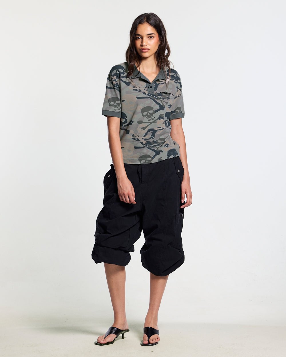 NIGHTSKULL POLO GREY - grey skull print polo shirt, front view on female model - Cold Culture #woman