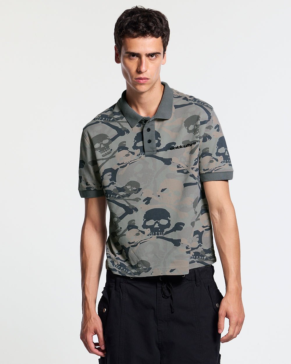 NIGHTSKULL POLO GREY - grey skull print polo shirt, front view on male model - Cold Culture #man