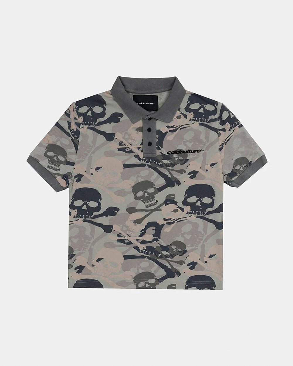 NIGHTSKULL POLO GREY - grey skull print polo shirt, front view - Cold Culture #packshot