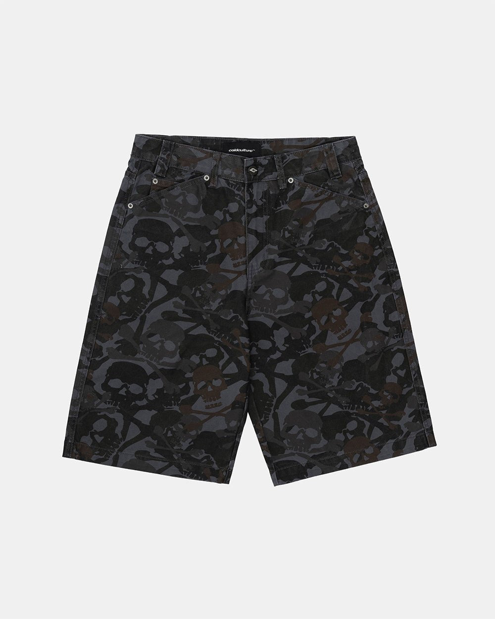 NIGHTSKULL SHORTS GREY - grey skull camo shorts, front view - Cold Culture #packshot