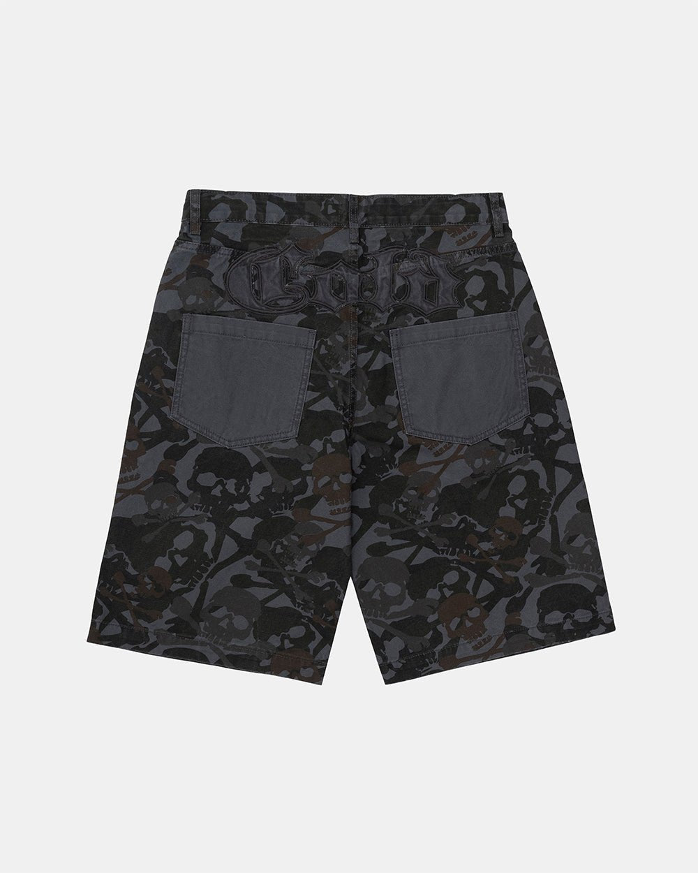 NIGHTSKULL SHORTS GREY - grey skull camo shorts, back view - Cold Culture #packshot