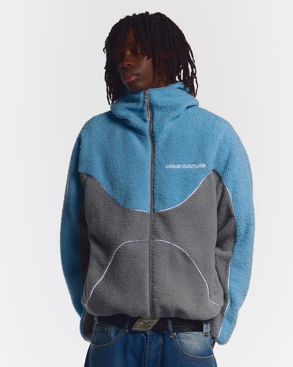 NO RISK FLEECE JACKET STONE GREY/STERLING BLUE - blue and grey fleece jacket, front view on male model - Cold Culture #man