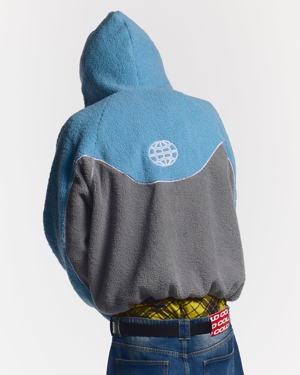 NO RISK FLEECE JACKET STONE GREY/STERLING BLUE - blue and grey fleece jacket, back view on male model - Cold Culture
